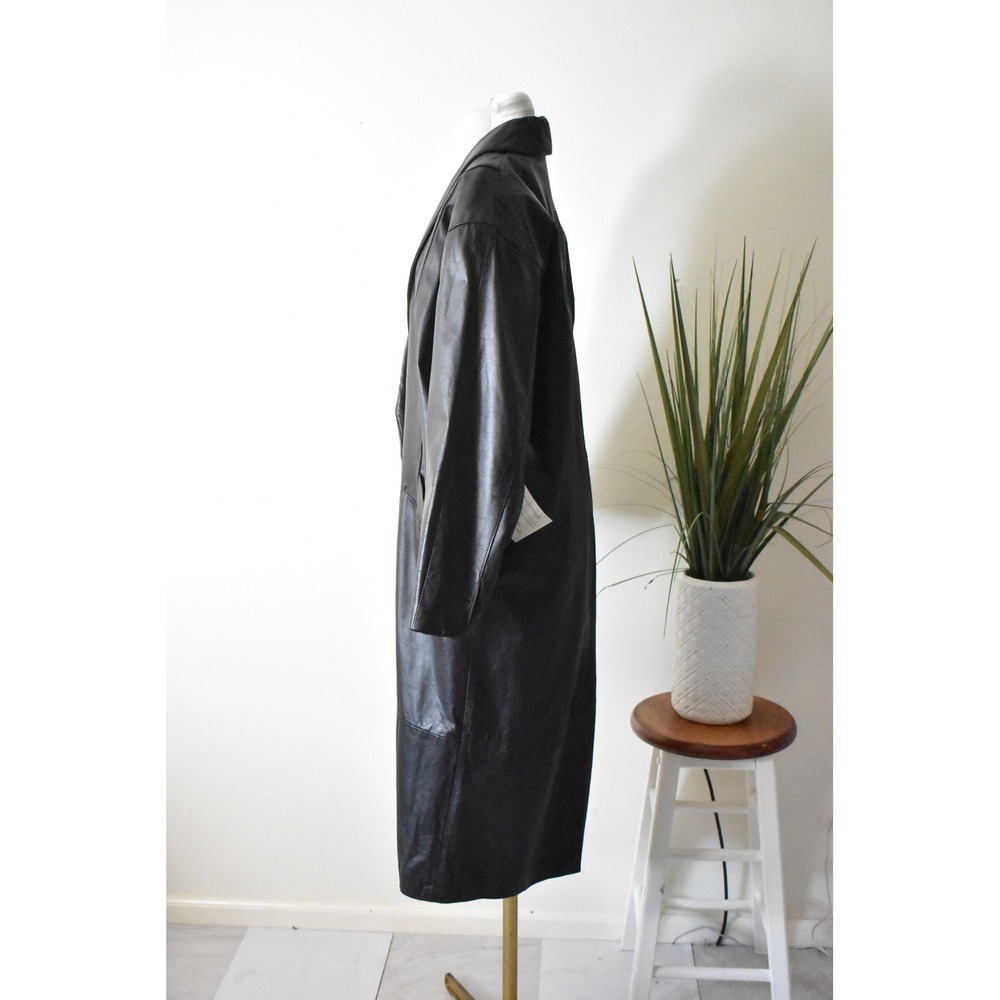 Comint Leather Trench Coat Womens Petite M Black 80s Shawl Collar Long Jacket - Picture 3 of 10